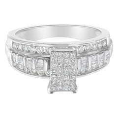 14K White Gold 1.0 Cttw Mixed-Cut Diamond Rectangle Invisible-Set Composite Cluster Ring with Bar- and Channel-Set Band (H-I Color, SI2-I1 Clarity) - Size 7