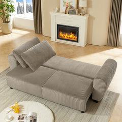 Corduroy Upholstered 3-Seat Sofa Couch 2-in-1 Convertible Sleeper Sofa Light Brown