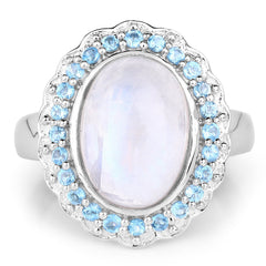7.21 Carat Genuine White Rainbow Moonstone & Swiss Blue Topaz .925 Sterling Silver Ring