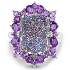 5.97 Carat Genuine Drusy Quartz and Amethyst .925 Sterling Silver Ring
