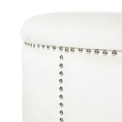 Elegant Round Ottoman with Studded Rim in Beige Velvet