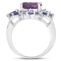 4.88 Carat Genuine Amethyst and Tanzanite .925 Sterling Silver Ring