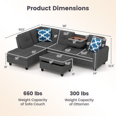 98 Inches Sectional Sofa Couch with Movable Storage Ottoman and Linen Fabric Backs