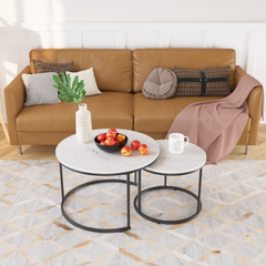 Nesting Coffee Table Set of 2, 27.6inch Round Wood Marble Pattern Top with Sturdy Metal Frame