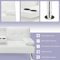 Convertible Folding Leather Futon Sofa with Cup Holders and Armrests
