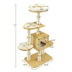 4 Levels Modern Wood Cat Tower with Washable Mats-Walnut