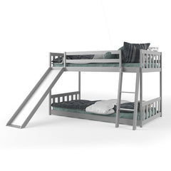 Twin over Twin Bunk Wooden Low Bed with Slide Ladder for Kids