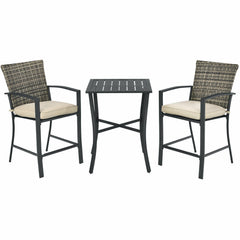 3 Pieces Rattan Bar Furniture Set with Slat Table and 2 Cushioned Stools