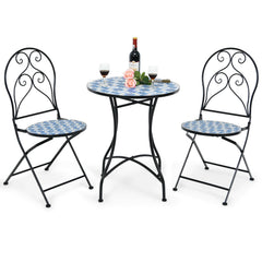 2 Pieces Patio Folding Mosaic Bistro Chairs with Blue Floral Pattern