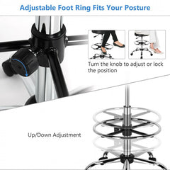 Swivel Drafting Chair with Retractable Mid Back and Adjustable Foot Ring-Black