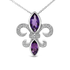 .925 Sterling Silver Purple Amethyst Marquise and Diamond Accent Fleur De Lis Pendant Necklace (H-I Color, SI1-SI2 Clarity) - Size 18"