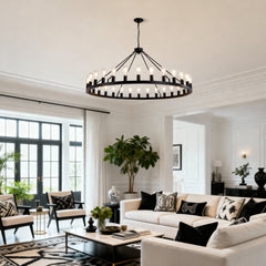 64 Inch Matte Black Wagon Wheel Chandelier With 30 Lights