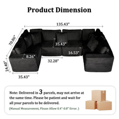 Modular U-Shaped Sectional Sofa, 6 Seater Chaise Lounge With Reversible Design - Black