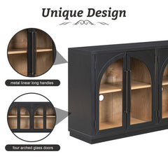 4-Door Large Storage Sideboard Buffet Cabinet with Glass Doors Arched Cabinet (Black)