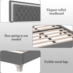 3-Pieces Bedroom Set, Queen Size Upholstered Platform Bed with LED Lights and Two Nightstands - Gray