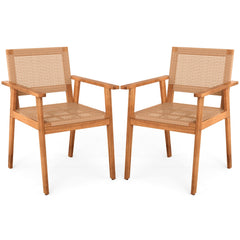 Acacia Wood Outdoor Dining Chairs Set of 2 PE Rattan Patio Chairs with Backrests and Armrests