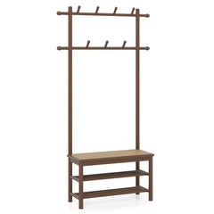 Bamboo Coat Rack PE Rattan Hall Tree with Bench and Shoe Storage 3-In-1 Entryway Bench