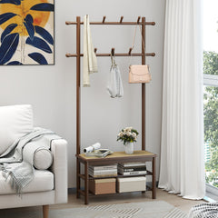 Bamboo Coat Rack PE Rattan Hall Tree with Bench and Shoe Storage 3-In-1 Entryway Bench