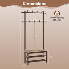 Bamboo Coat Rack PE Rattan Hall Tree with Bench and Shoe Storage 3-In-1 Entryway Bench