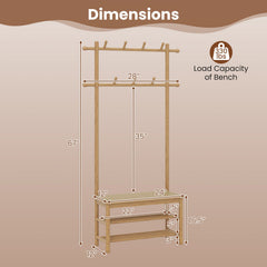 Bamboo Coat Rack PE Rattan Hall Tree with Bench and Shoe Storage 3-In-1 Entryway Bench