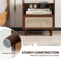 Bamboo Rattan Nightstand with Drawer and Solid Wood Legs