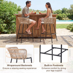 Bar Height Woven Rope Patio Chairs Set of 2-White