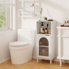 Bathroom Floor Cabinet Wood Side Storage Organizer with Adjustable Shelf-White