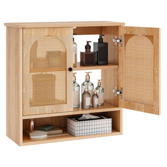 Bathroom Wall Cabinet with PE Rattan Doors and Adjustable Shelves-Natural