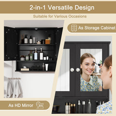 Double Door Wall-Mounted Bathroom Mirror Cabinet with Storage Shelf-Black