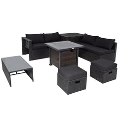 9 Pieces Patio Furniture Set with 32” Fire Pit Table and 50000 BTU Square Propane Fire Pit