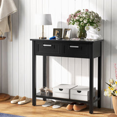 Narrow Console Table with Drawers and Open Storage Shelf
