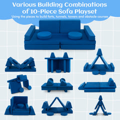 10-Piece Kids Play Couch Sofa with Portable Handle-Blue