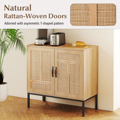 Boho Storage Cabinet with Asymmetrical Pattern Doors for Kitchen-Natural