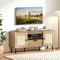 Boho TV Stand for 60 Inch TV Entertainment Center with Cabinets and Storage Shelf-Natural