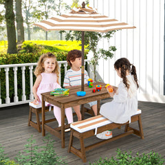 Kids Picnic Table and Bench Set with Cushions and Height Adjustable Umbrella-Brown