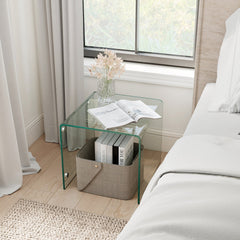 C-Shaped End Table Modern Tempered Glass Side Table with Shelf