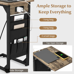 Set of 2 C Shaped End Table with Charging Station-Rustic Brown