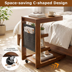 C-shaped End Table with Wheels and Adjustable Desktop for Sofa Couch Bedside
