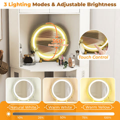 Compact Dressing Corner Vanity Desk with Mirror and Lights-White