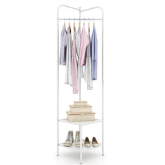 Corner Coat Rack with Top Hanger and 2 Mesh Shelves for Entryway Hallway Living Room Bedroom