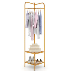Corner Coat Rack with Top Hanger and 2 Mesh Shelves for Entryway Hallway Living Room Bedroom