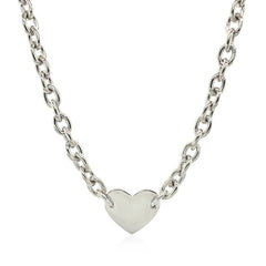 Sterling Silver Rhodium Plated Chain Bracelet with a Flat Heart Motif Station