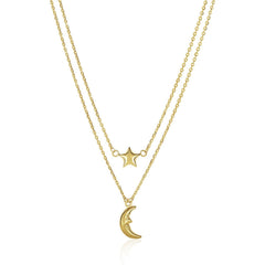 14k Yellow Gold Double-Strand Chain Necklace with Puff Moon and Star