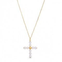 14k Yellow Gold Pearl Cross Pendant