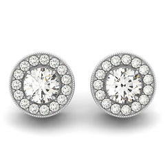 14k White Gold Round Diamond Halo Milgrain Border Earrings (3/4 cttw)