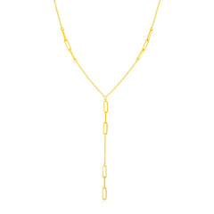 14K Yellow Gold Lariat Necklace with Paperclip Chain Stations