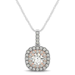 14k White And Rose Gold Cushion Shape Halo Diamond Pendant (1/2 cttw)