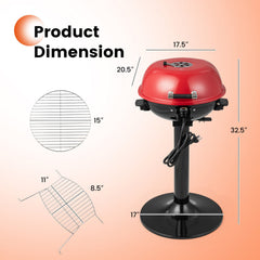 1600W Electric BBQ Grill with Removable Non-Stick Warming Rack-Red