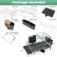 2-Tier Detachable Dish Rack with Drainboard and 360° Swivel Spout