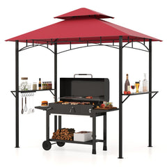 Outdoor Double-Tiered Grill Gazebo Canopy with 2 Shelves and 7 Hooks-Red